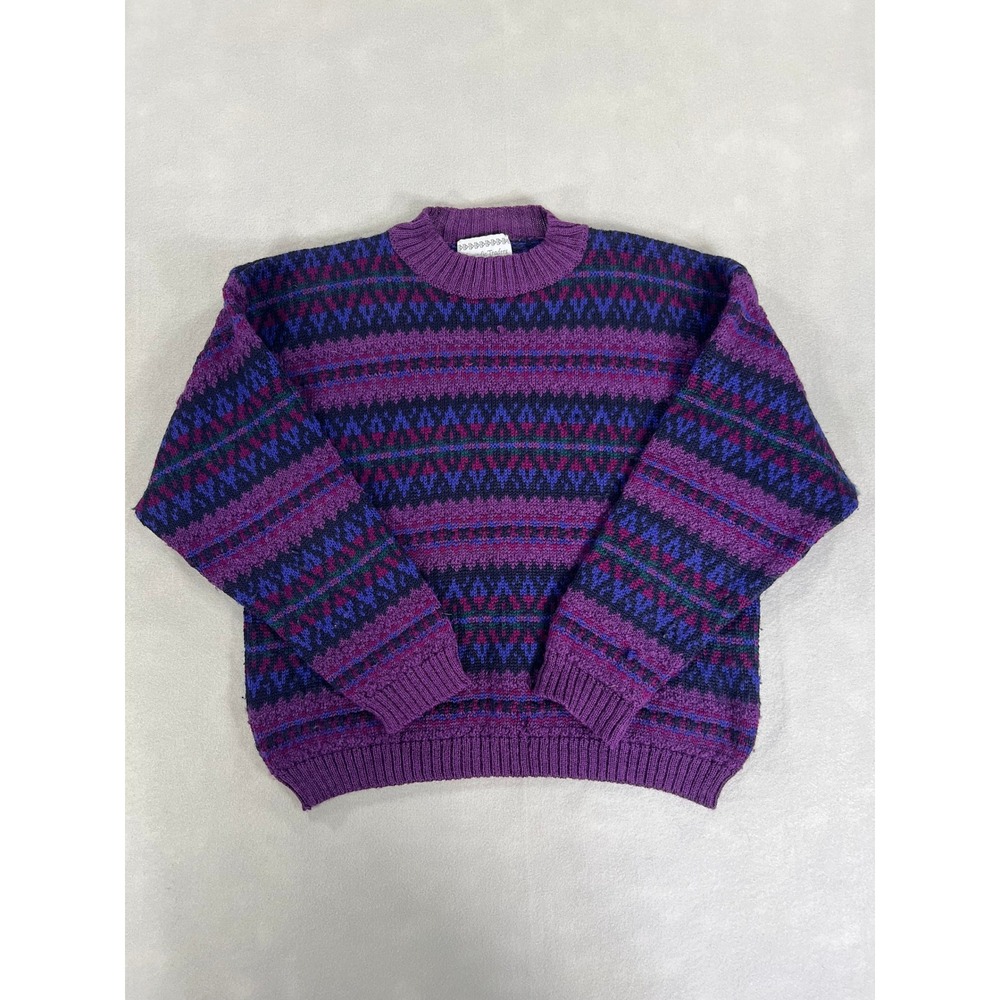 Vintage 90s Nomadic Traders Purple Fair Isle Pure Wool Sweater Cabin Eclectic M